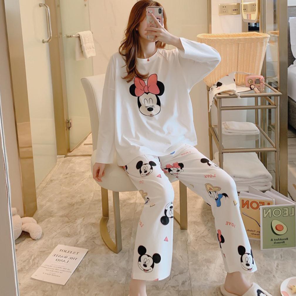 Quần áo ngủ,  Bộ ngủ pijama chuột Mickey trắng dài tay kèm túi | BigBuy360 - bigbuy360.vn