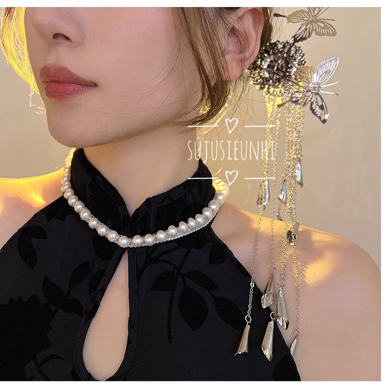 Trâm cài đầu hình bướm và hoa cúc có chuông kêu tua rua thả dài, cài tóc cosplay cổ trang