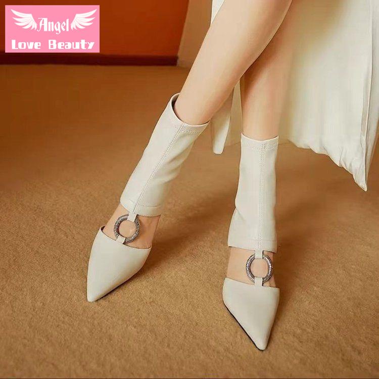 Giày Bốt Cao Gót 7cm Mũi Nhọn Khoét Lỗ Đính Đá Thời Trang Mùa Hè Quyến Rũ Cho Nữ