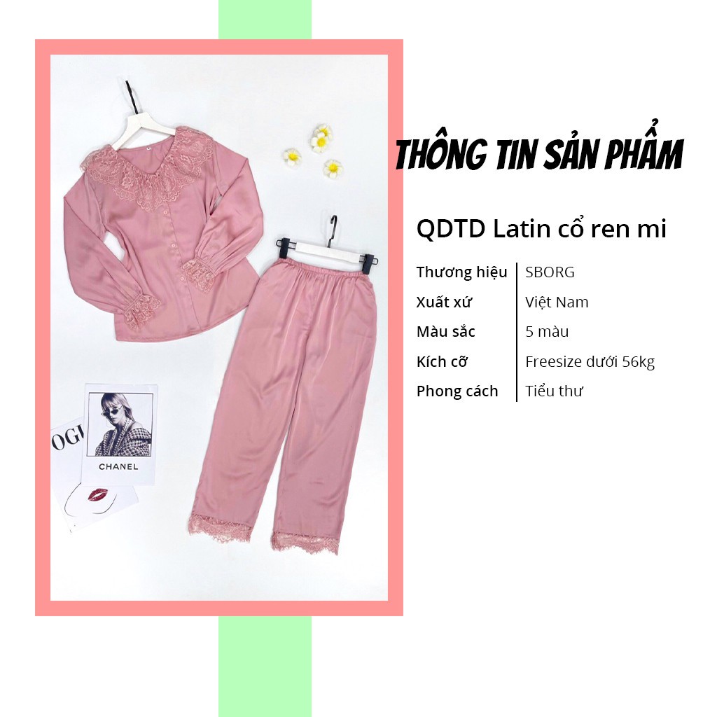 Đồ bộ tay dài SBORG pijama lụa latin cao cấp viền ren mi tiểu thư quần dài có túi freesize dưới 56kg quà tặng vợ