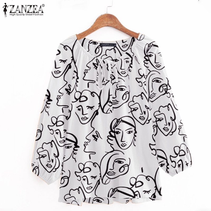 Áo Kiểu ZANZEA Tay Lửng 3/4 Cổ Tròn Cột Dây In Họa Tiết Mặt Cho Nữ