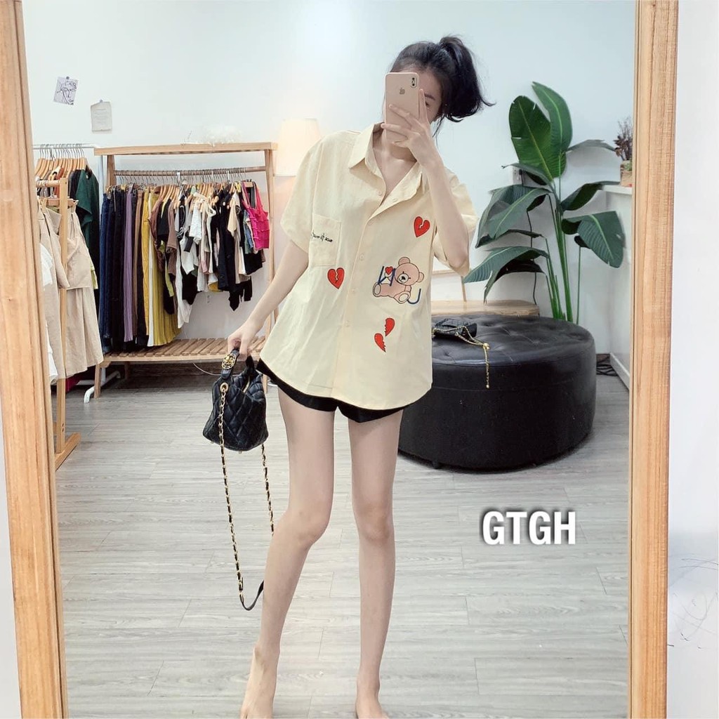 Áo Sơ Mi Gấu Trái Tim Thêu Chữ NICE TO MEET YOU Siêu Cute | BigBuy360 - bigbuy360.vn