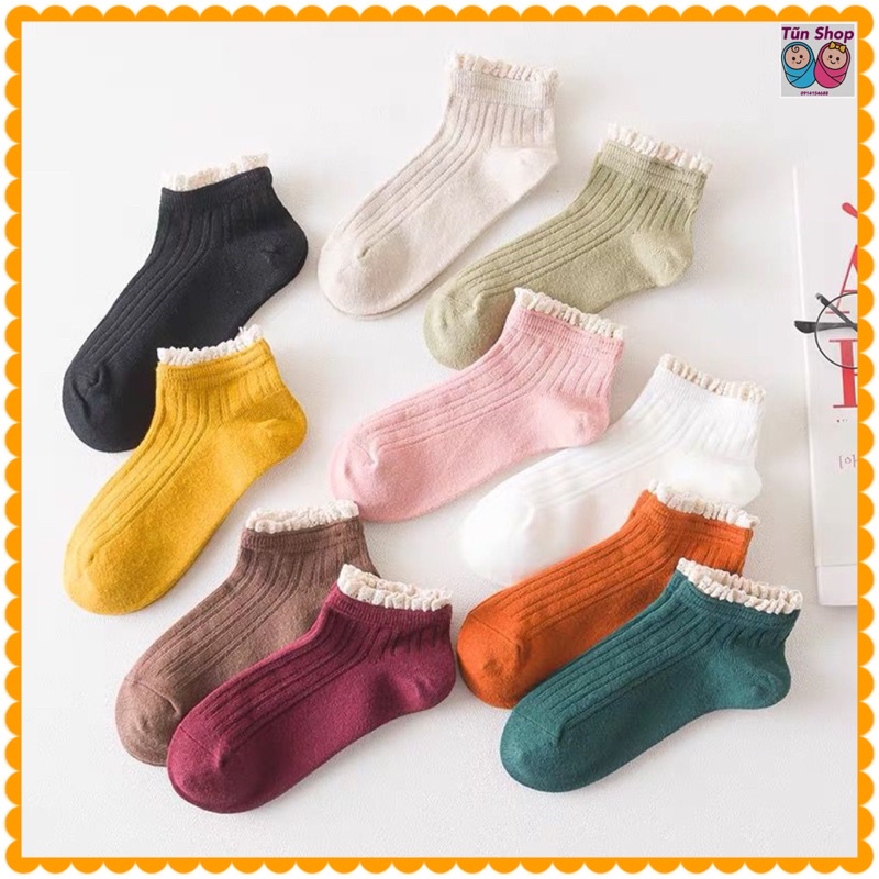 SET 5 ĐÔI.HOT. SIÊU RẺ ĐẸP  Tất nữ nhún cổ thấp,vớ nữ nhún cổ thấp viền bèo cực xinh,cotton phong cách vintage Hàn.