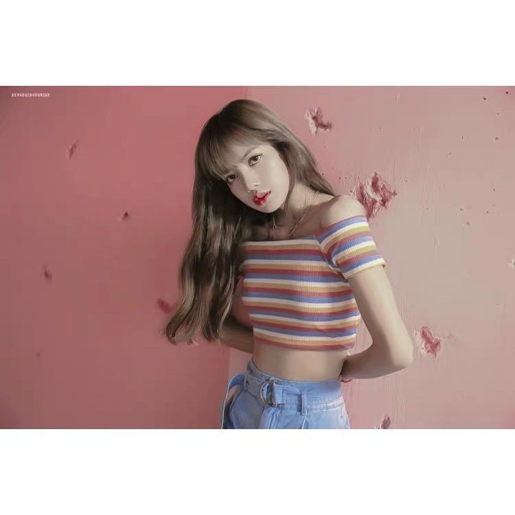 Áo croptop body trễ vai sọc màu cầu vồng phong cách Blackpink Lisa Retro