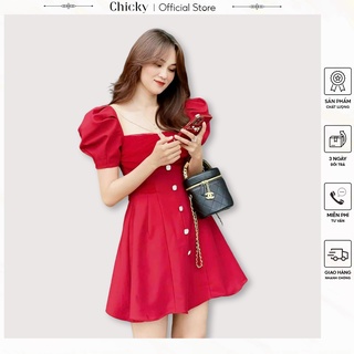 Váy đầm nữ đầm cổ vuông tay phồng phối lưới đính nút sang chảnh