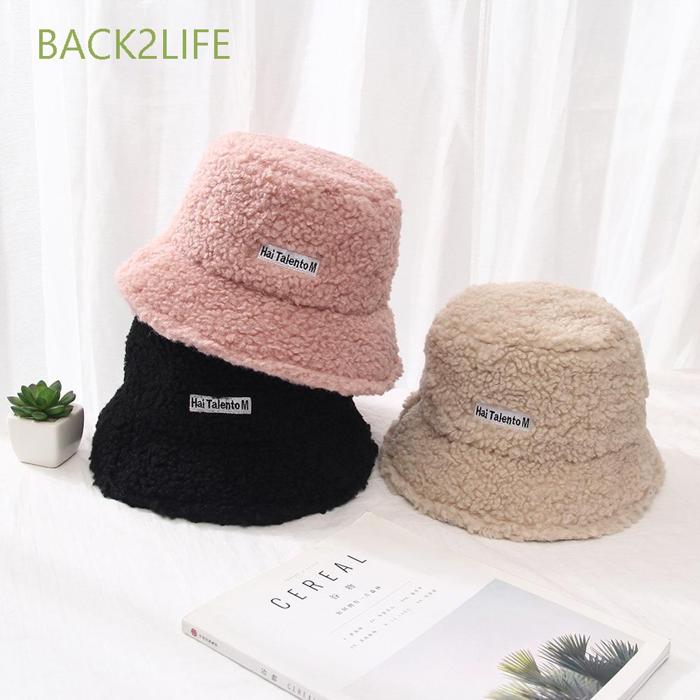 BACK2LIFE Female Bucket Hat New Bucket Cap Cashmere Hat Women Curly Plush Trendy Plush Hat Solid Color Warm Hat Wide Brim Hat pink/beige/black