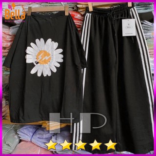 Sét áo hoa cúc tia sét + quần ống rộng 3 sọc odb768