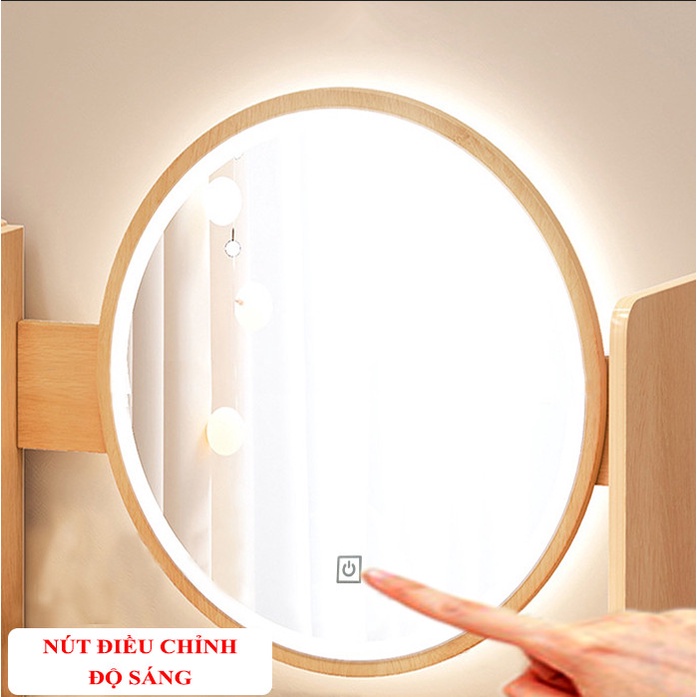 Bàn trang điểm gỗ, có gương LED FUNA, kèm dây sạc, Chân Gỗ To Cao 73cm - AK01