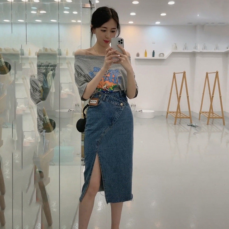 Jiashucheng Chân Váy Jean Chữ a Lưng Cao Xẻ Tà Thời Trang Mùa Hè Cho Nữ