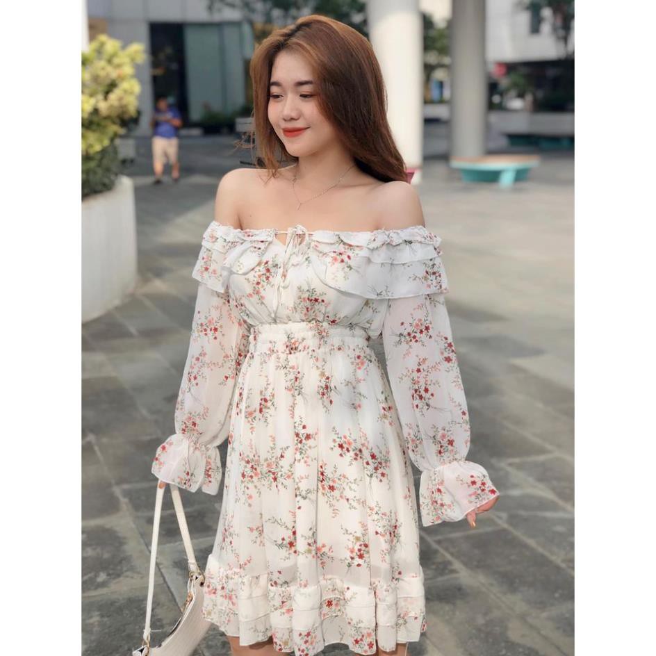 Váy trễ vai hoa nhí ullzzang 2 lớp - Váy công chúa trễ vai dài tay ullzzang ảnh thật - Xưởng May Hạnh Hồng 👗