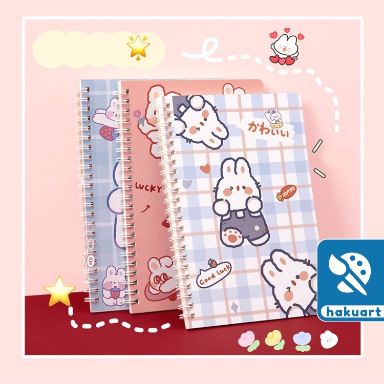 Sổ lò xo A5 Bìa hoạt hình cute 120 trang giấy kẻ dòng màu kem bo góc - Văn phòng phẩm Hakuart