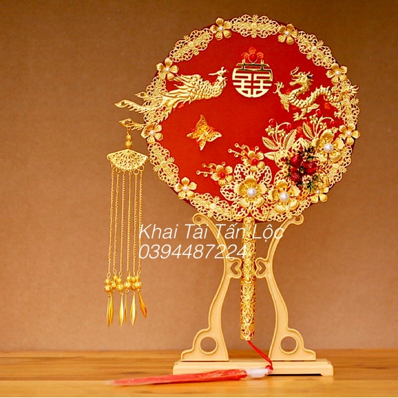 Quạt hỉ quạt cưới cầm tay cô dâu rồng Phượng Long Phụng trình tường kèm giá đỡ và hộp