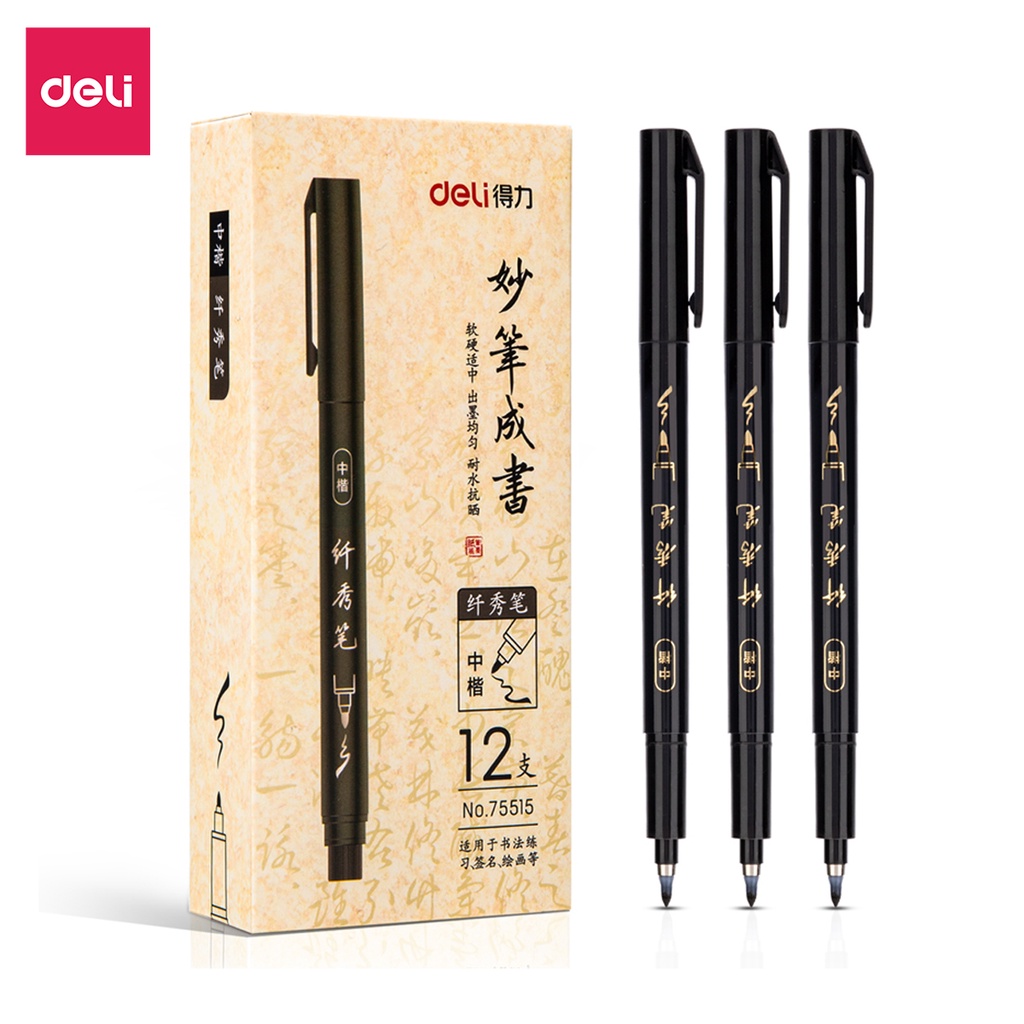 Bút viết thư pháp chữ Hán Calligraphy Deli - brush pen nhiều kích cỡ ngòi, có thể đổ thêm mực 75515