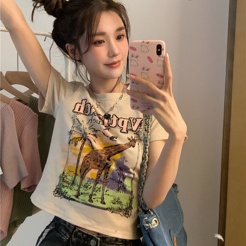 Áo Thun Ngắn Tay In Họa Tiết Hươu Cao Cổ Cổ Điển Dành Cho Nữ