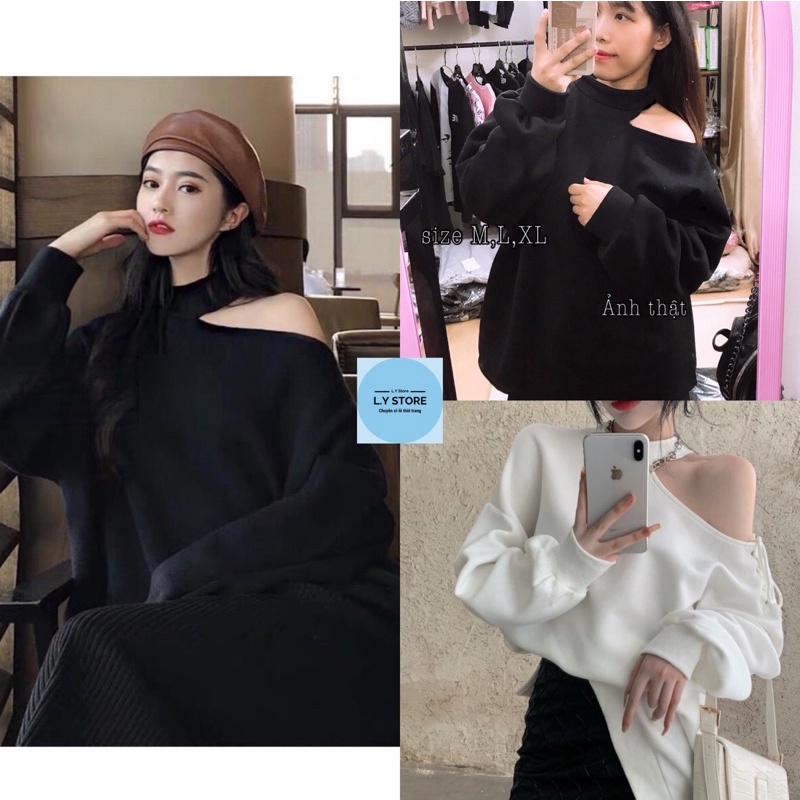 Áo Nỉ Khoét Vai Nữ L.Y Store  Áo hở vai tay bo form rộng