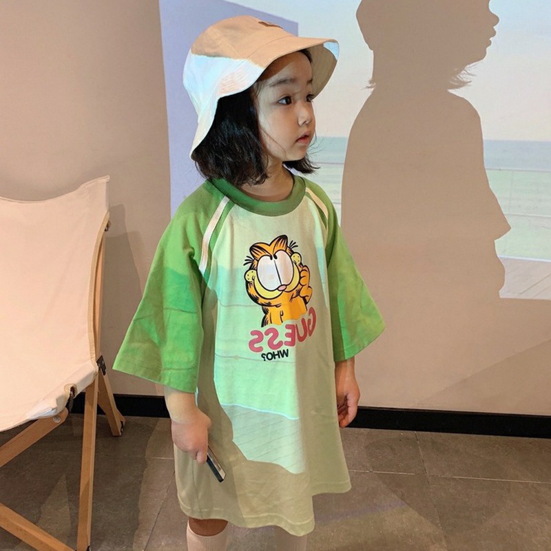 Đầm Thun Cổ Tròn Dáng Rộng In Họa Tiết Hoạt Hình Phối Màu Thời Trang Hàn Quốc Cho Bé Gái