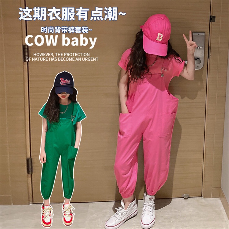 Set Áo Thun Ngắn Tay + Quần Yếm Thiết Kế Mới Thời Trang Dành Cho Bé Gái