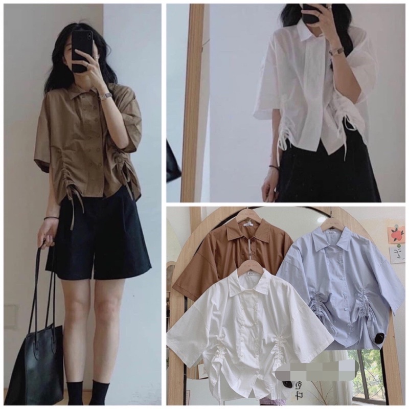Áo Croptop Sơ Mi Cộc Tay Thiết Kế Dây Rút Nữ Tính Ngọt Ngào