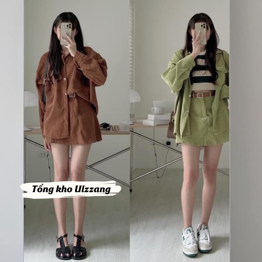 Set áo khoác sơ mi nhung tăm dài tay mix chân váy chữ A trẻ trung