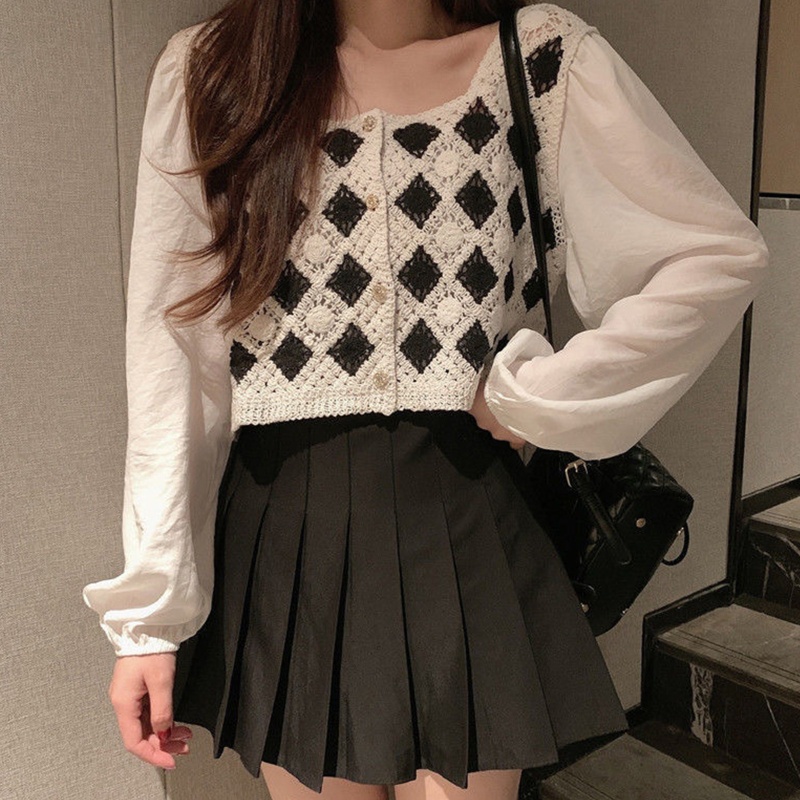 Áo Khoác Cardigan Chiffon Tay Dài Phồng Cổ Vuông Phối Ren Hoa Phong Cách Pháp Cổ Điển Thời Trang Cho Nữ