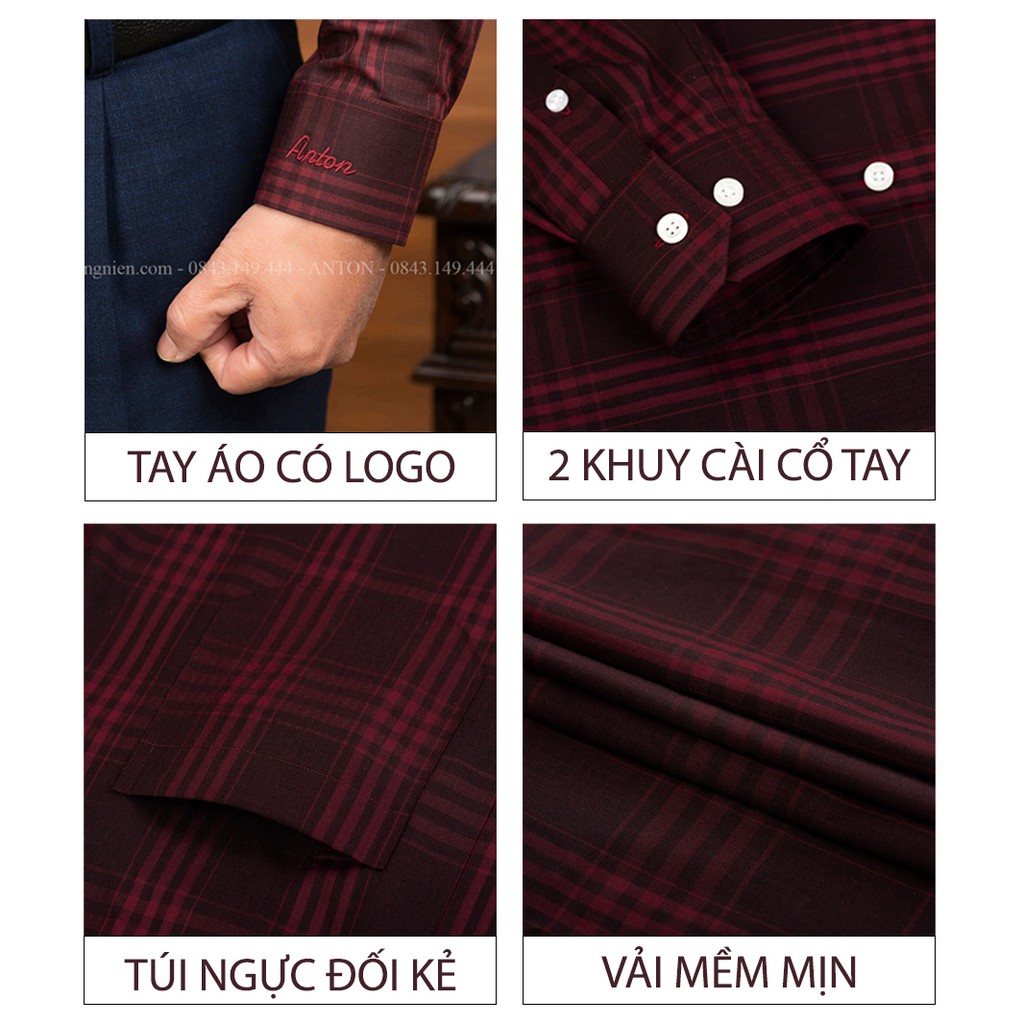 Áo Sơ Mi Nam Công Sở Trung Niên Anton Somianton Đỏ Đô Dài Tay Họa Tiết Kẻ Caro Vải Sợi Tre - AC123