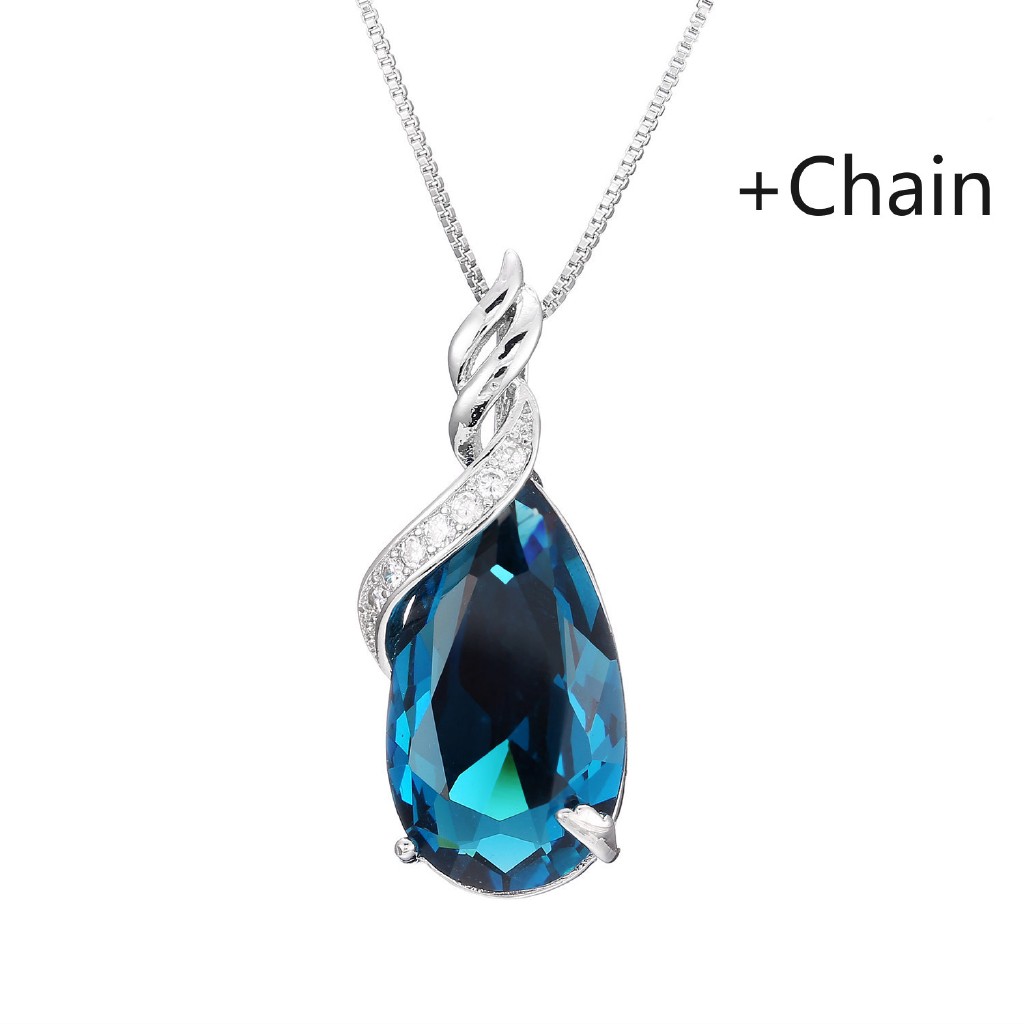 Dây chuyền mạ bạc 925 trang trí mặt hình giọt nước màu xanh dương sapphire phong cách Hàn Quốc 2593