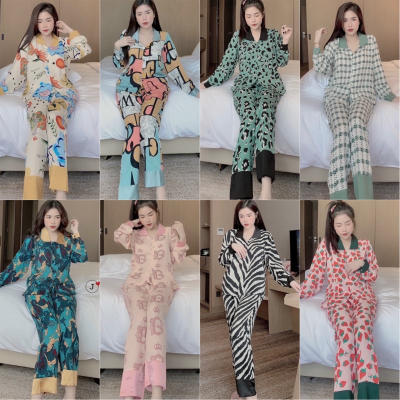 [FREE SHIP] Đồ Ngủ Nữ🌸Đồ Bộ Pijama Lụa Tay Dài Họa Tiết Chất Liệu Satin