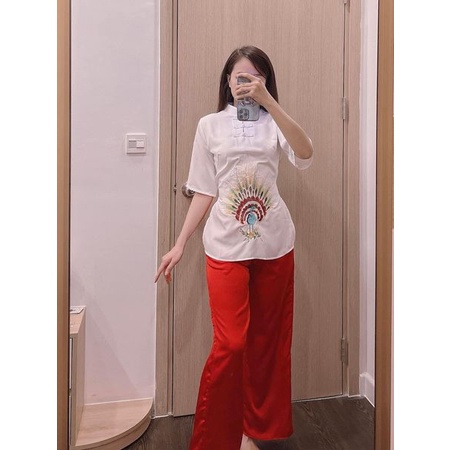 Đồ lam đi chùa bé gái - Bộ Đi Lễ Chùa Lụa Đẹp Cao Cấp Trang Nhã Họa Tiết Thêu Chim Công BÉ- AL029