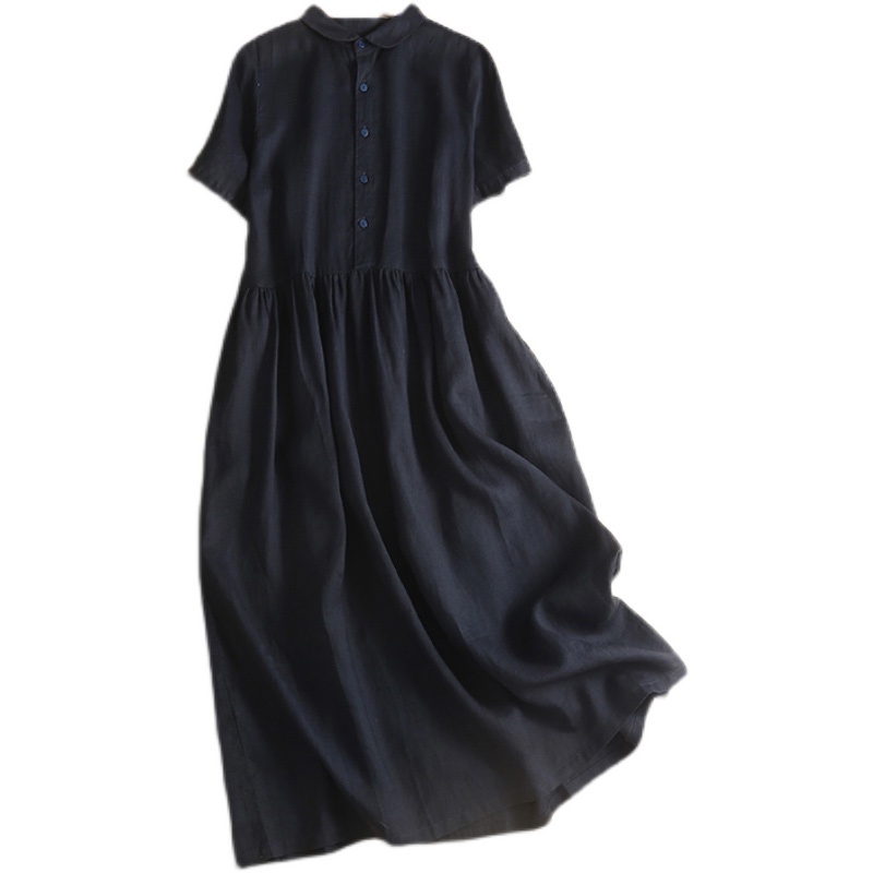 Đầm Sơ Mi Vải Lanh Cotton Cổ Búp Bê Dáng Rộng Thương Hiệu Cắt Nhãn Hàng Đầu Kiểu Pháp Cho Nữ