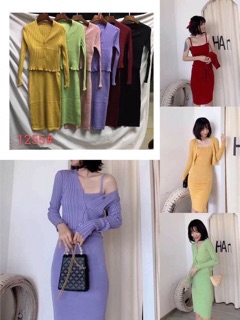 Set đồ len mongtoghi QC gồm váy 2 dây + áo cúc neww