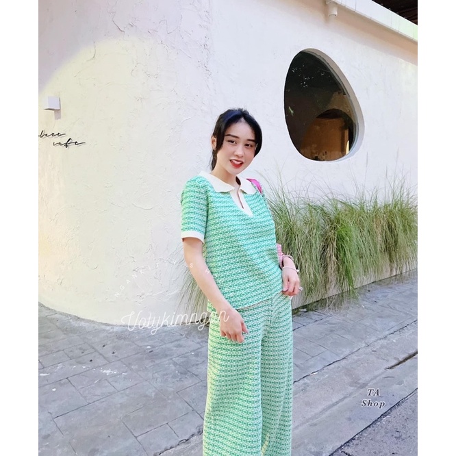 Set Bộ Len Áo Cổ Bẻ Mix Quần Ống Loe Nhẹ Hoạ tiết, Len Mongtoghi Mềm Mỏng