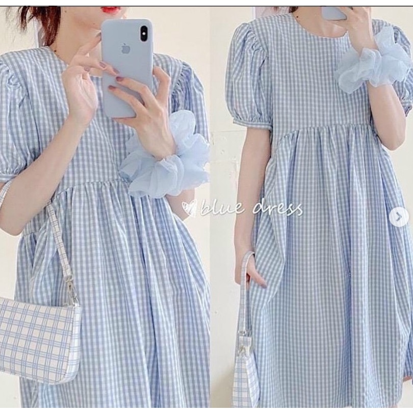 Váy babydoll dáng dài tay phồng, đầm babydoll kẻ caro tay bồng ulzzang Hàn Quốc