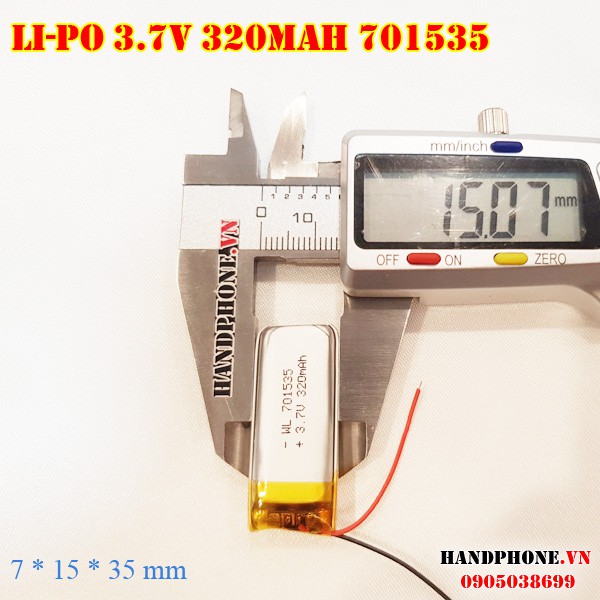 Pin Li-Po 3.7V 320mAh 701535 (Lithium Polyme)cho tai nghe Bluetooth,Định vị GPS,Camera hành trình,cân điện tử,máy ghi âm