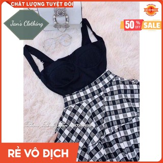 Sét áo hai dây và chân váy xòe caro xinh xắn