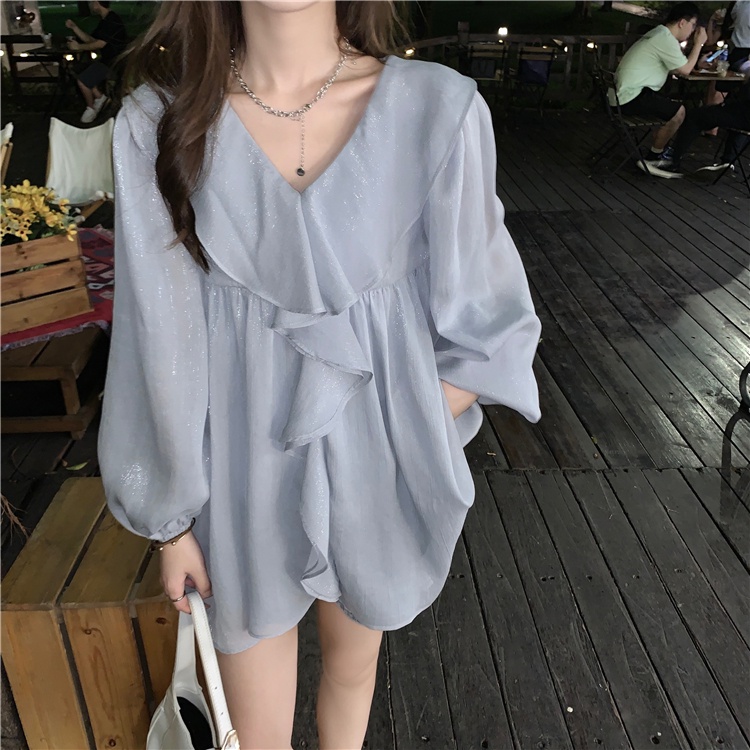 Áo sơ mi voan nữ phối bèo nhẹ nhàng cổ v dài tay mùa hè voan sương tơ lấp lánh