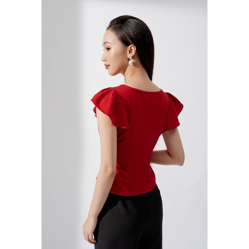 Áo sơ mi croptop, cổ vuông, tay bèo, mở cúc Fiona F550332