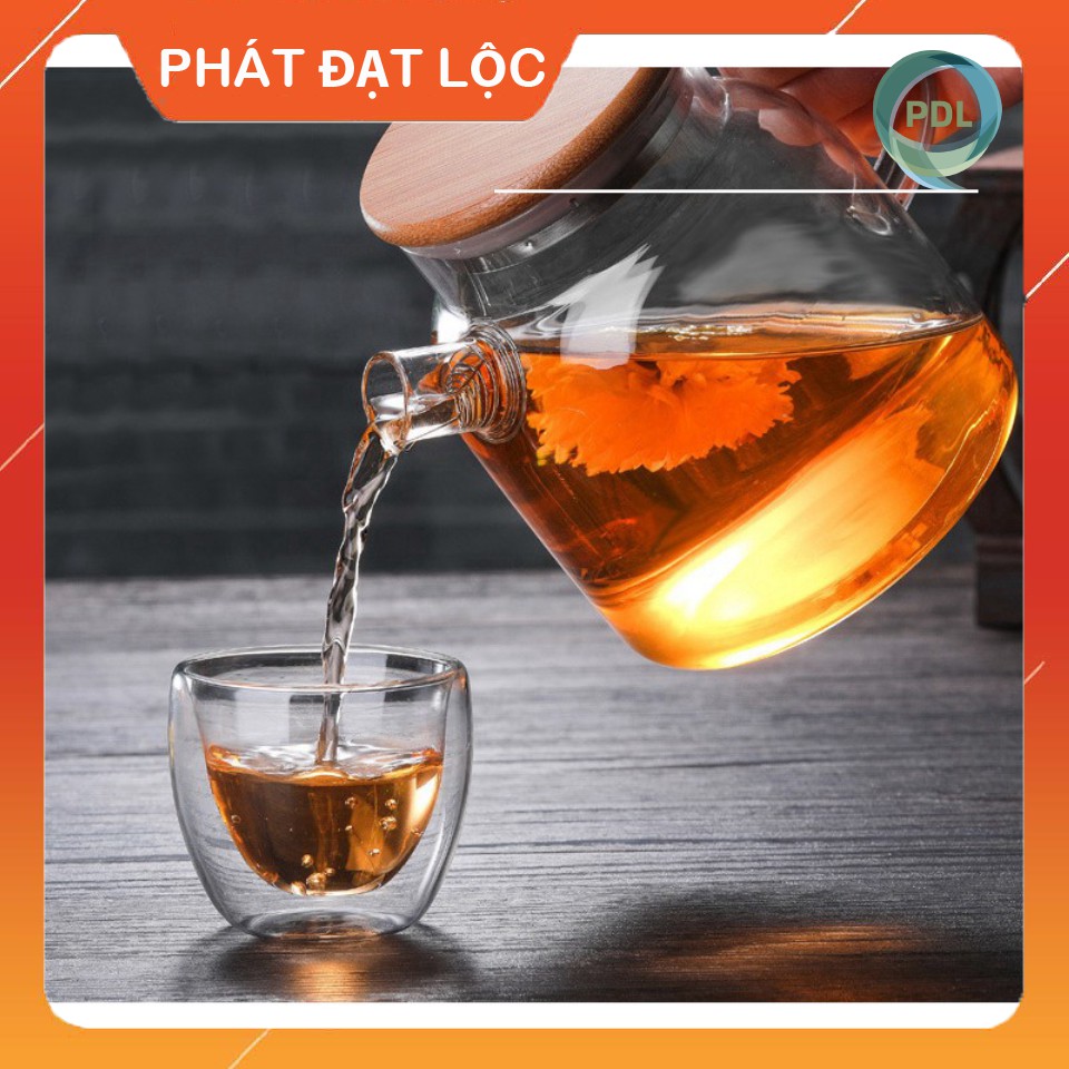 Bình Trà Thủy Tinh Nắp Gỗ Lõi Lọc Lò Xo - Phát Đạt Lộc - Có 2 loại bình dễ dàng lựa chọn