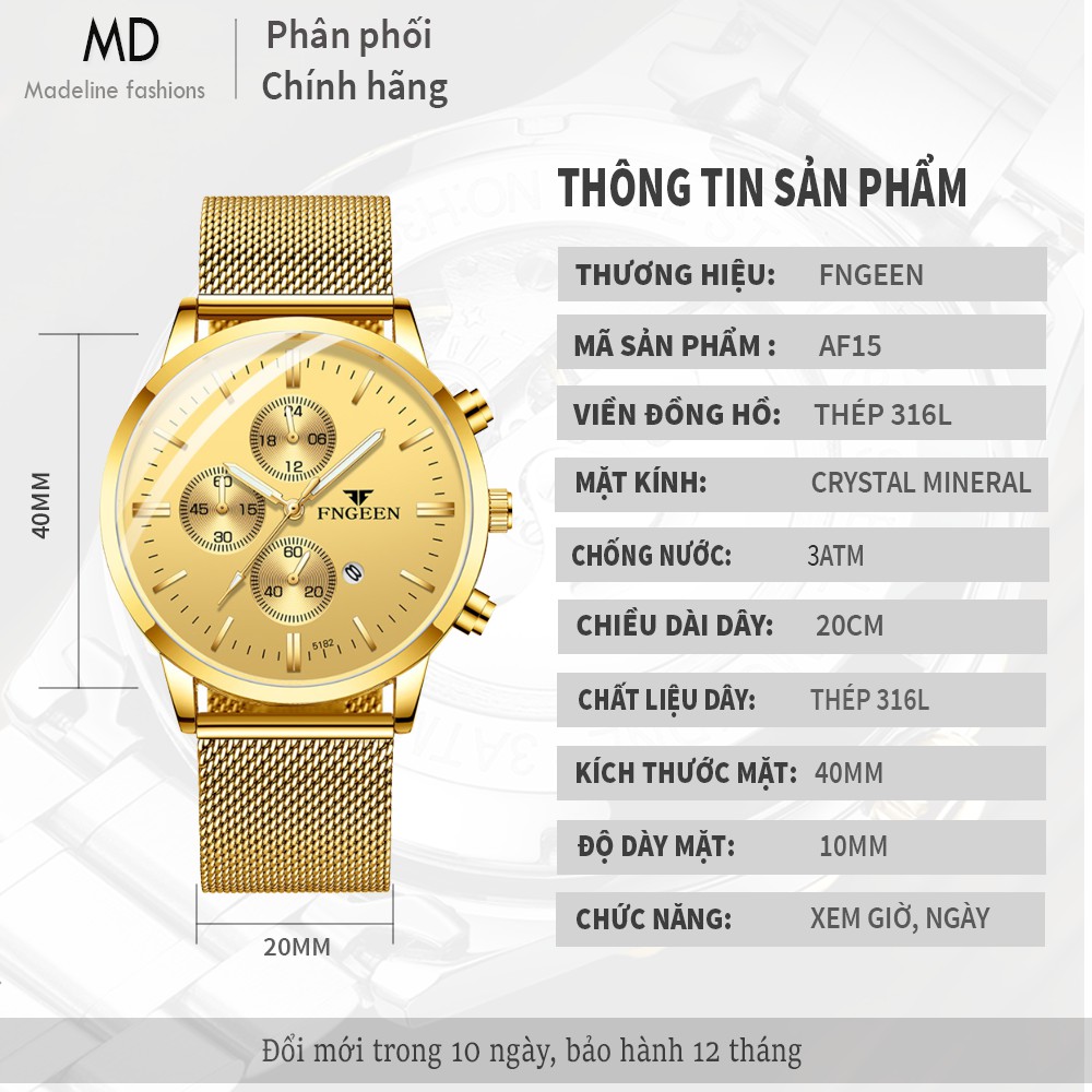 Đồng hồ nam Fngeen AF15 dây thép nhuyễn tuyệt đẹp, kính chống trày xước tốt ( Tặng kèm tháo mắc ) | BigBuy360 - bigbuy360.vn