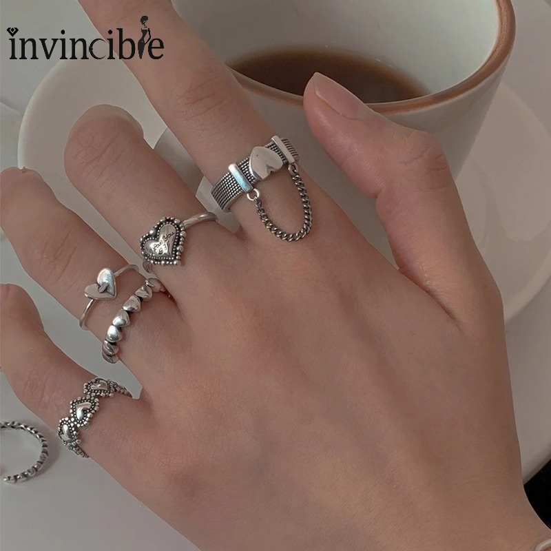 Set Nhẫn Mạ Bạc Hình Trái Tim Phong Cách Gothic Thời Trang