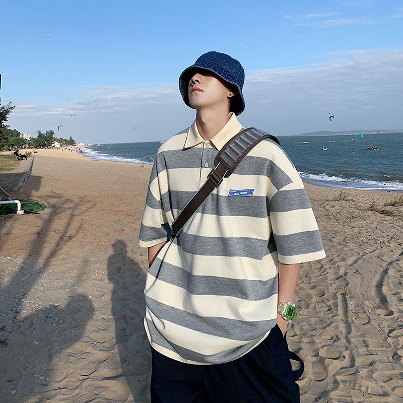 Áo polo Tay Ngắn Dáng Rộng Họa Tiết Kẻ Sọc Thời Trang Mùa Hè Phong Cách Hồng Kông Cho Nam