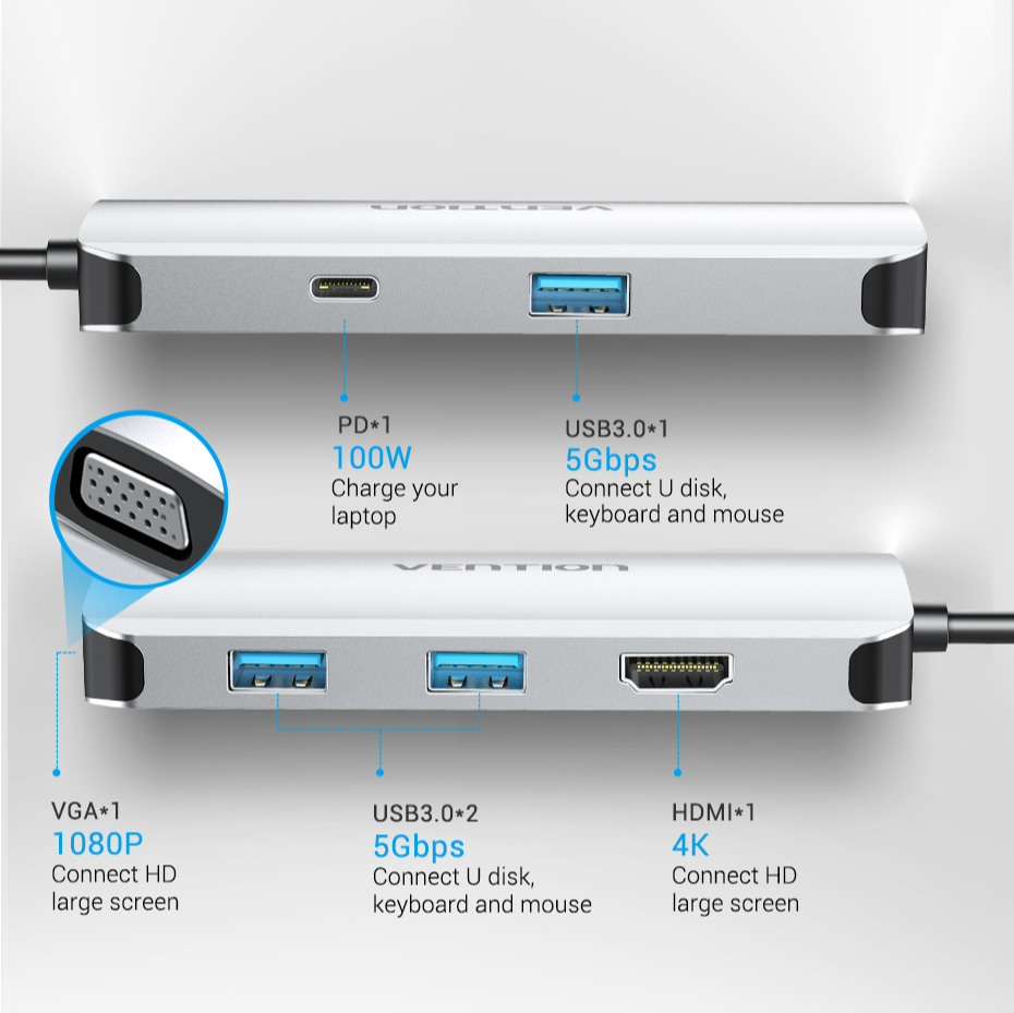 VENTION Bộ Chuyển Đổi Usb-C Sang Hdmi Vga Usb 3.0 Pd 6 Trong 1