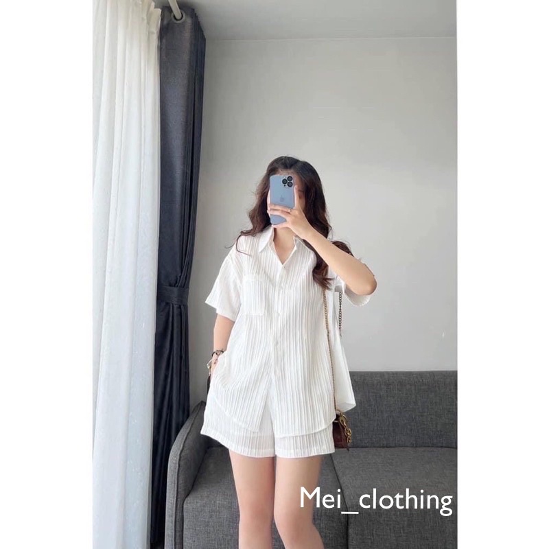 Set Sơmi Gân Cộc Tay Xẻ Lưng Kèm Quần Chun Form Rộng