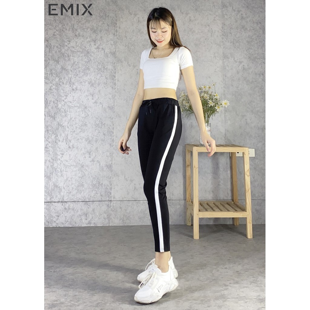 Quần thể thao nữ 1 sọc  trắng EMIX (màu đen), cạp chun thoải mái, chất umi co giãn tốt, cá tính, trẻ trung
