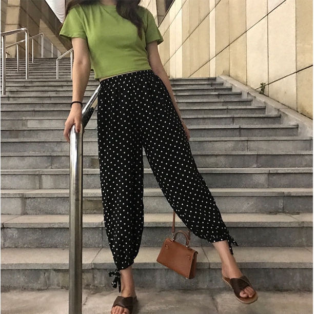 2pcs/women Wave point loose long pants + sexy short sleeve T-shirt | BigBuy360 - bigbuy360.vn