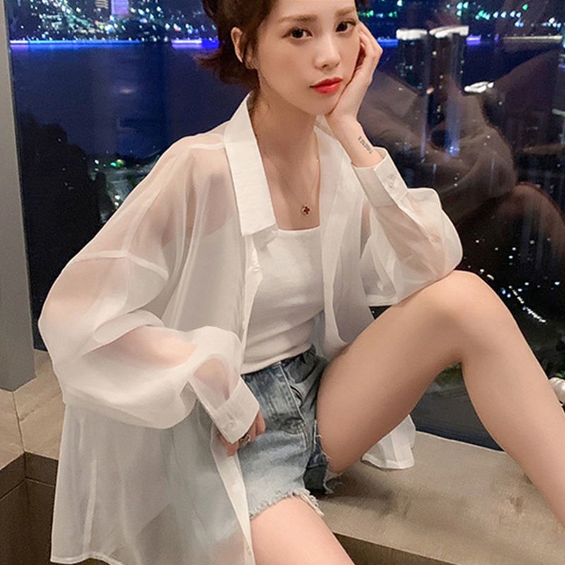 Áo Sơ Mi Voan Mỏng SUNNNY Áo Sơ Mi Dài Phong Cách Đơn Giản
