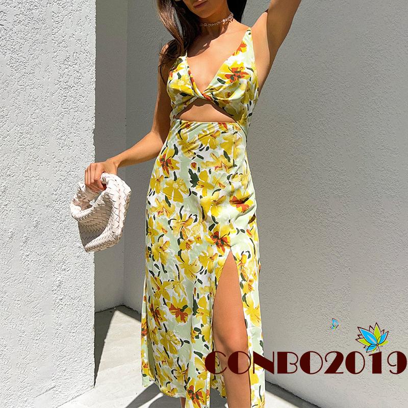 Đầm khoét cổ chữ v Hở Lưng In Họa Tiết Hoa Màu Vàng Thời Trang Cho Nữ