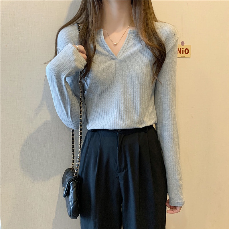 Áo SUXI tay dài cổ chữ V màu sắc đơn giản phong cách vintage