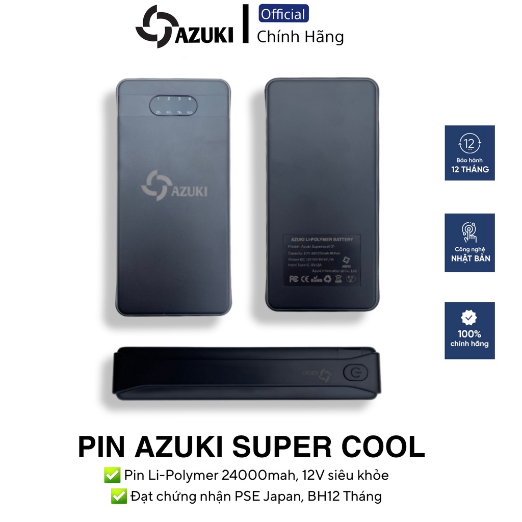 PIN GẮN ÁO ĐIỀU HÒA AZUKI SUPER 2022 Dung Lượng 24000mah Sử dụng cho Quạt 12V, CHẠY 10- 28 TIẾNG