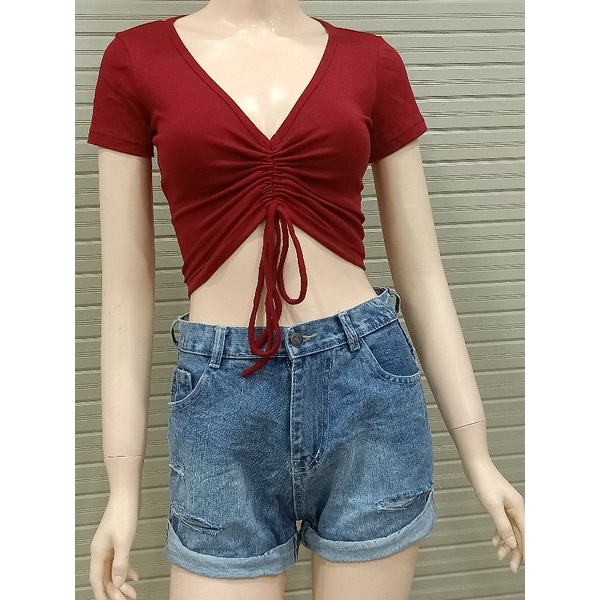 Áo croptop cổ chữ V tay ngắn rút dây nơ giữa thung cotton giản 4 chiều 4 màu đen, trắng, vàng, đỏ