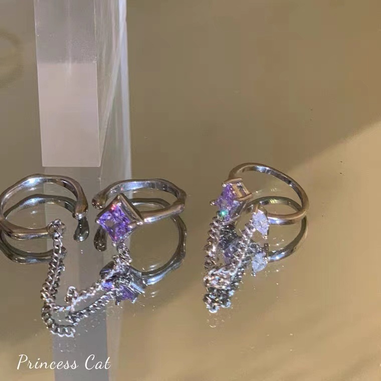 Hàng Có Sẵn Mới set Nhẫn Đính Đá zircon Hình Vuông Màu Tím Thiết Kế Sang Trọng Thời Trang